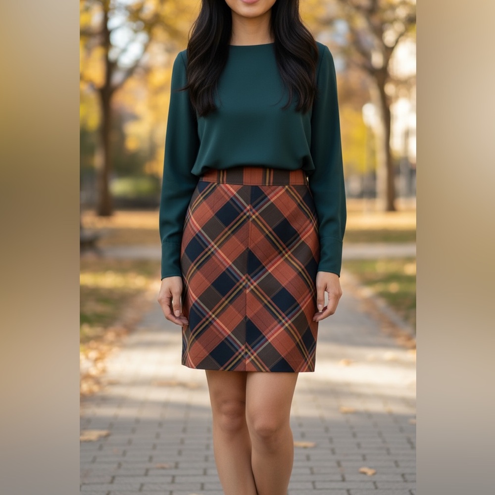 Plaid A-Line Warm Rust Skirt 8 Academia Preppy Lined Stretchy Career Office Cozy